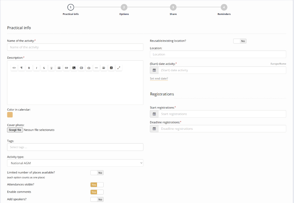 Schermata creazione evento Tabler World